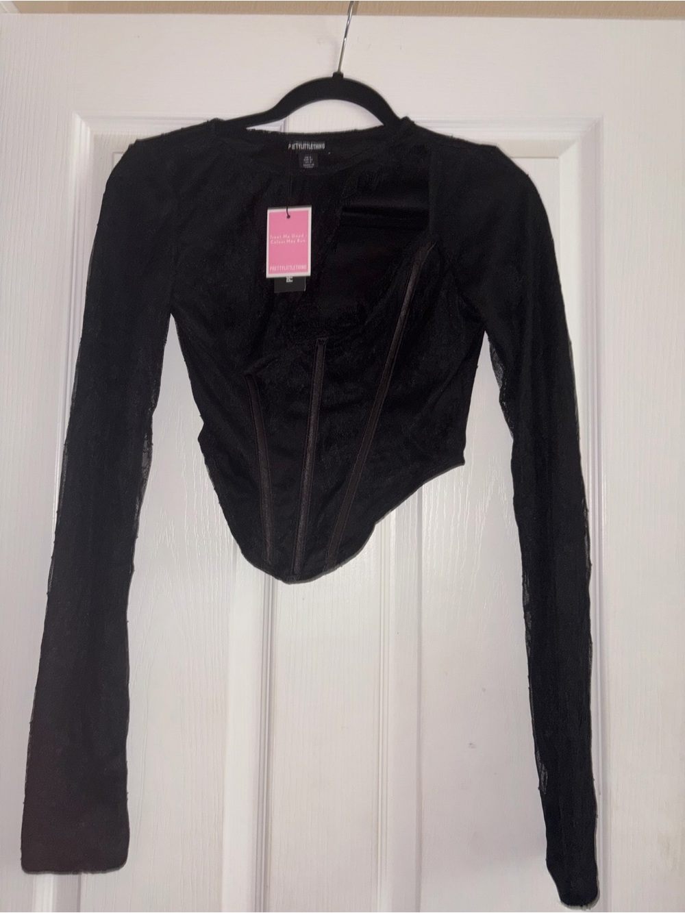 PrettyLittleThing Black Long Sleeve Lace Corset-Style Top